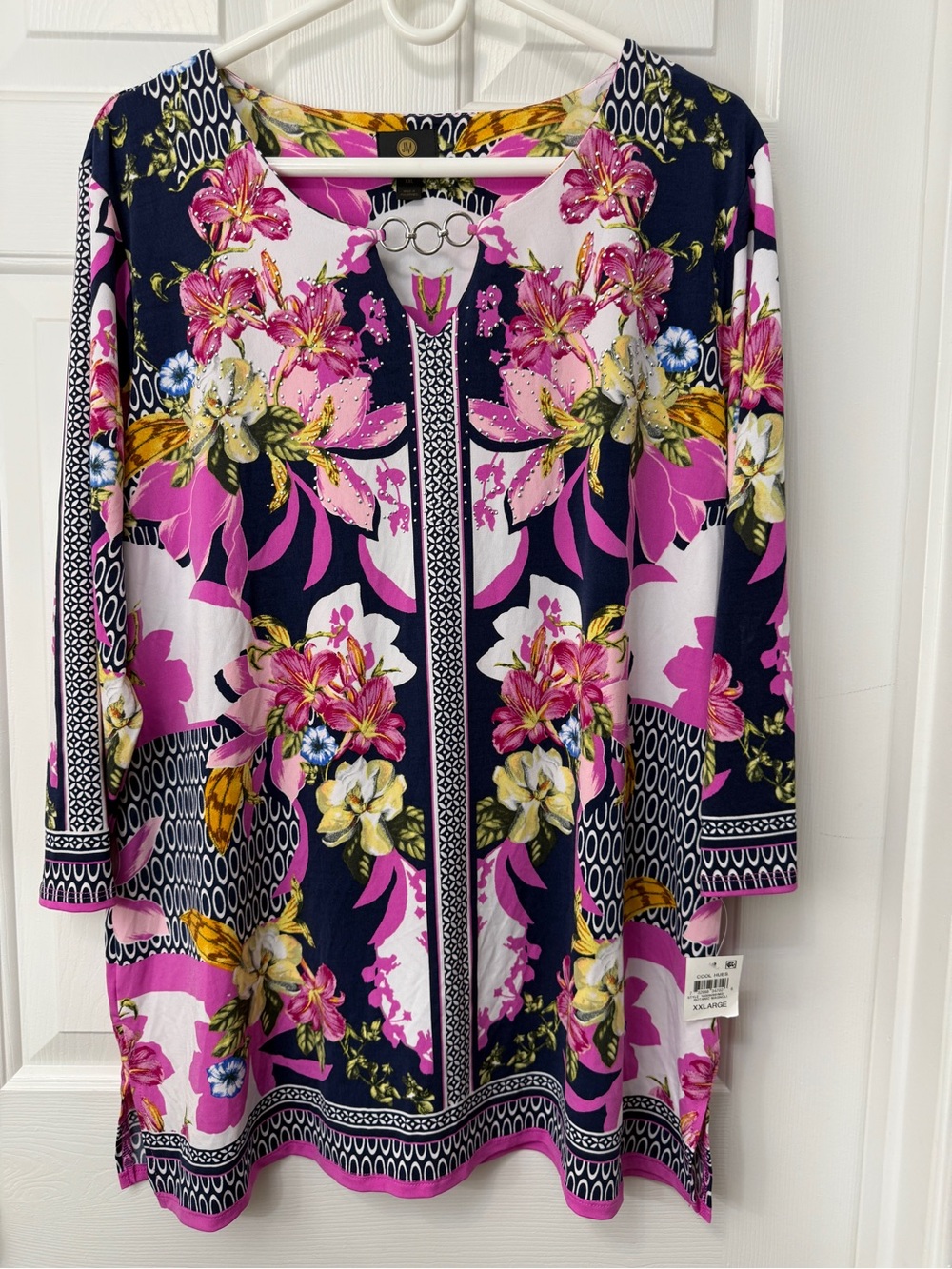 JM Collection Navy Floral Tunic with Pink and Yellow Accents